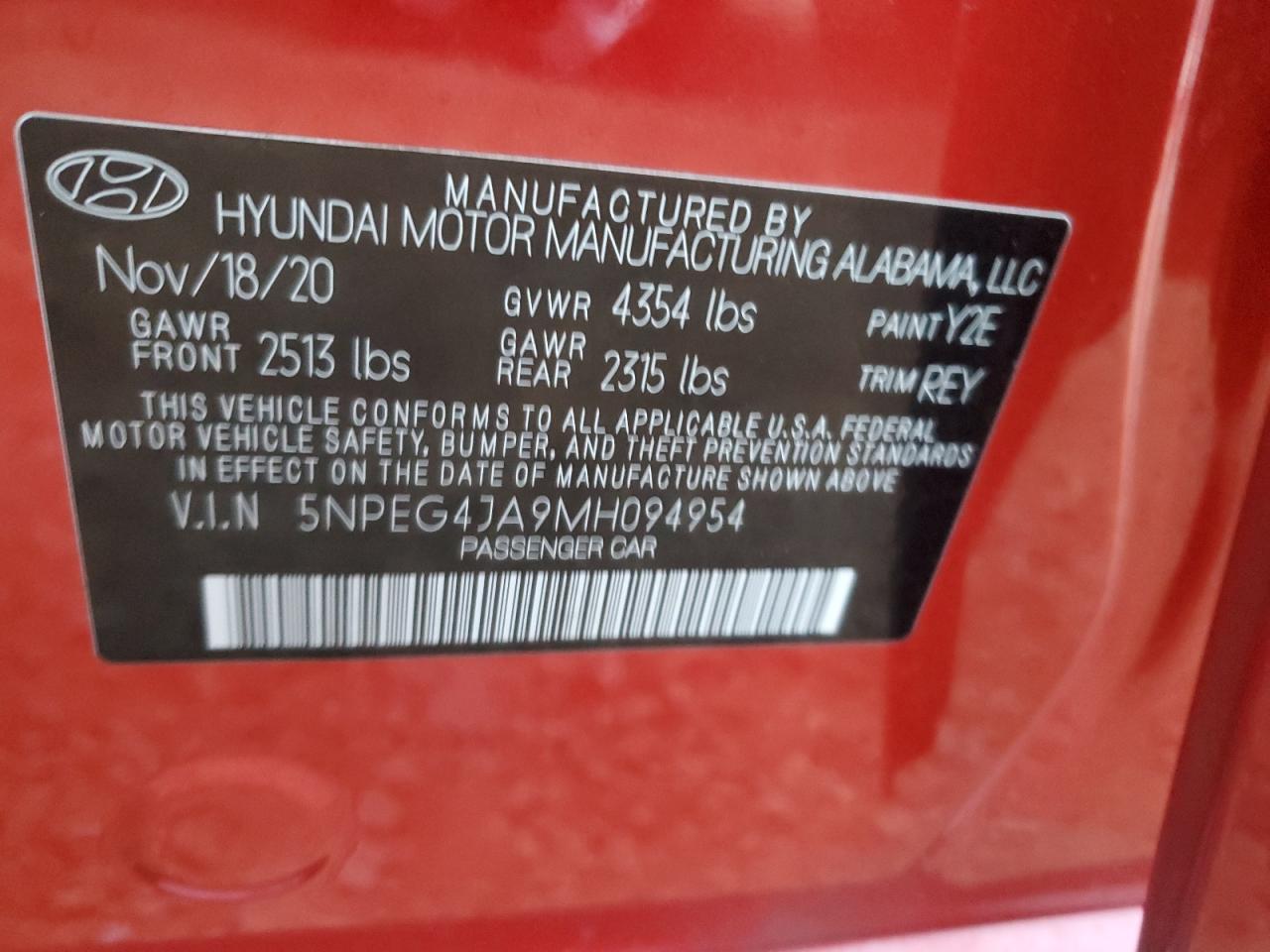 2021 Hyundai Sonata VIN 5NPEG4JA9MH094954 Copart auction photo, front end damage thumbnail 12