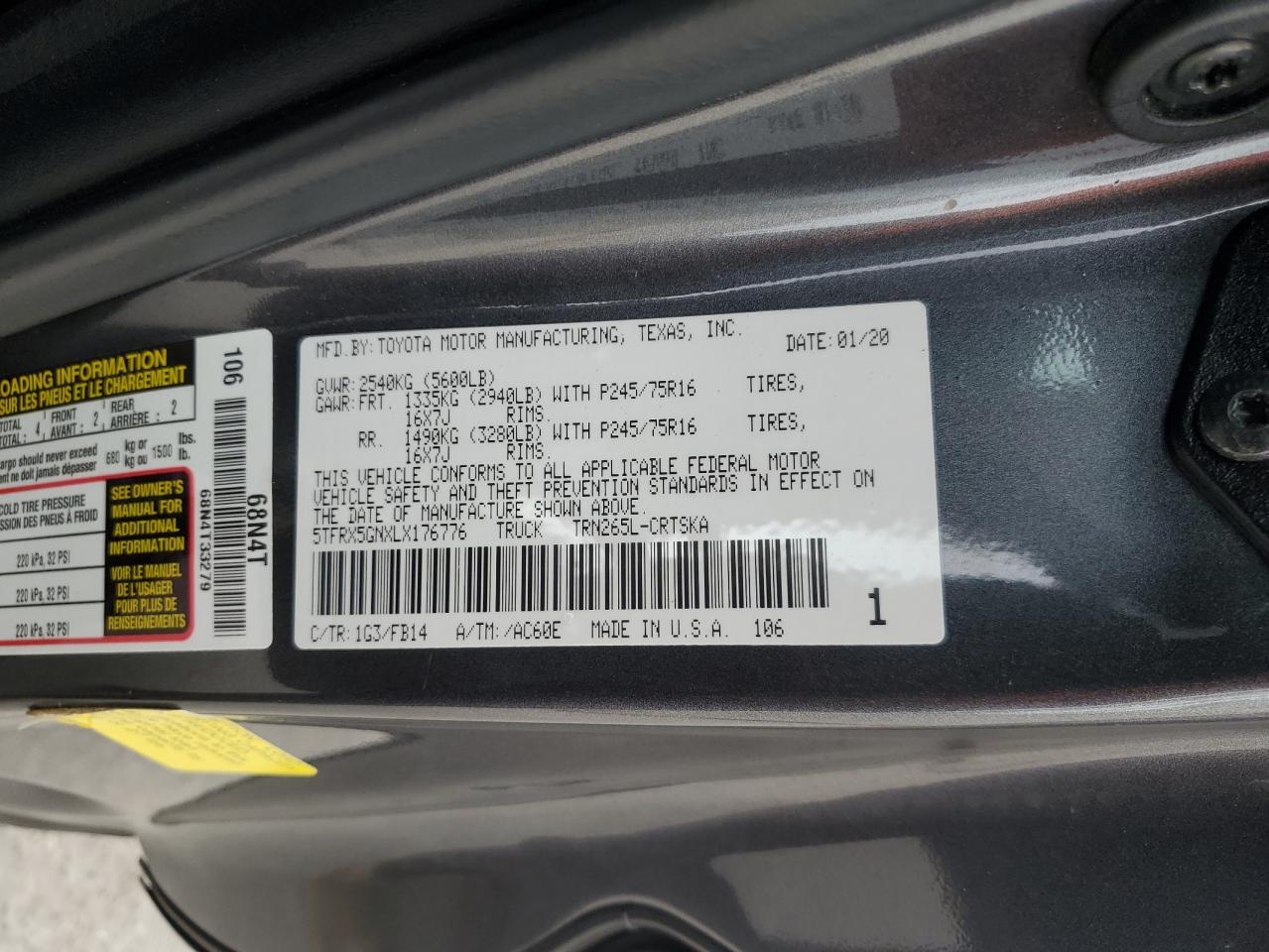 2020 Toyota Tacoma VIN 5TFRX5GNXLX176776 Copart auction photo, stripped damage thumbnail 12
