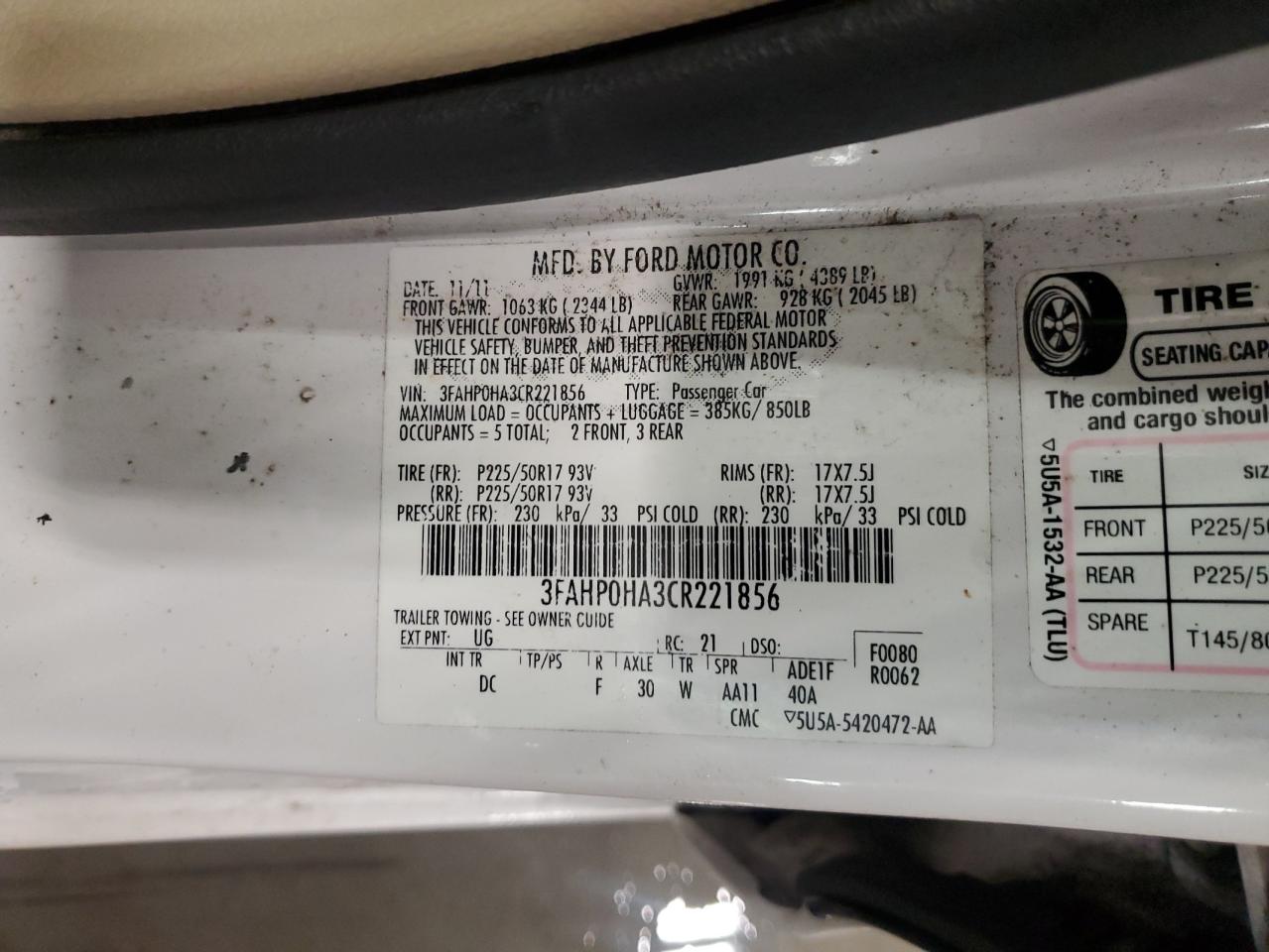 2012 Ford Fusion VIN 3FAHP0HA3CR221856 Copart auction photo, front end damage thumbnail 12