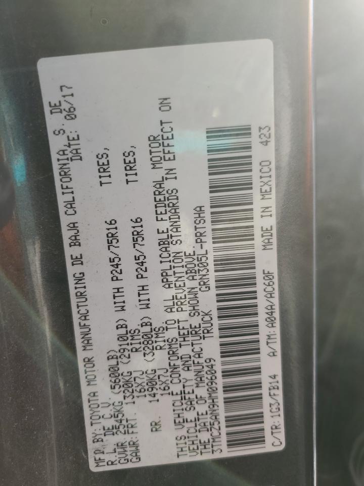 2017 Toyota Tacoma VIN 3TMCZ5AN9HM096049 Copart auction photo, front end / side damage thumbnail 14