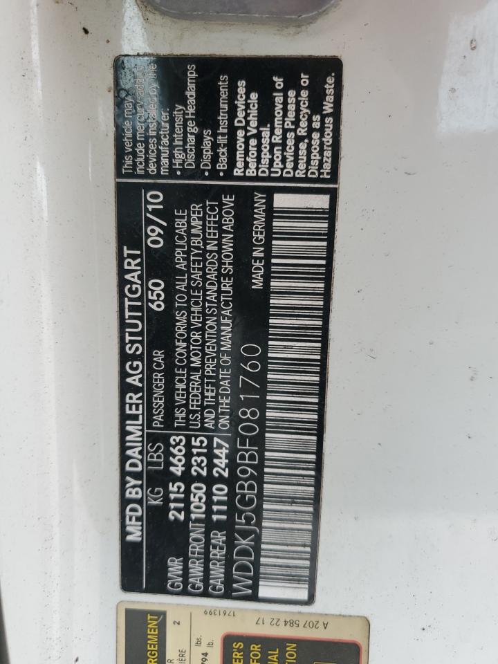 2011 Mercedes-Benz E-klasse VIN WDDKJ5GB9BF081760 Copart auction photo, water/flood damage thumbnail 12