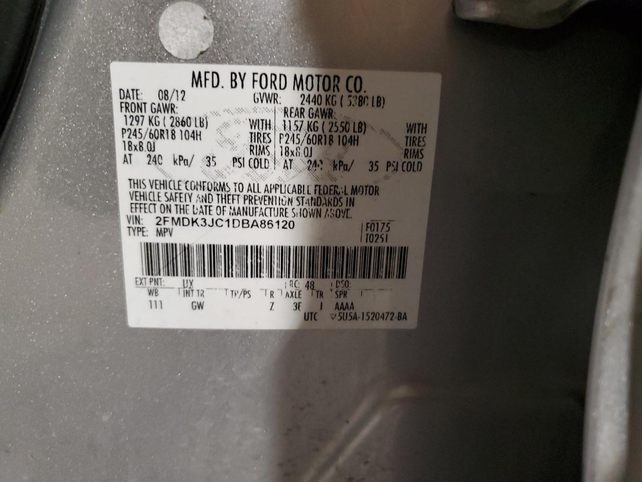 2013 Ford Edge VIN 2FMDK3JC1DBA86120 Copart auction photo, front end / minor dent/scratches damage thumbnail 13