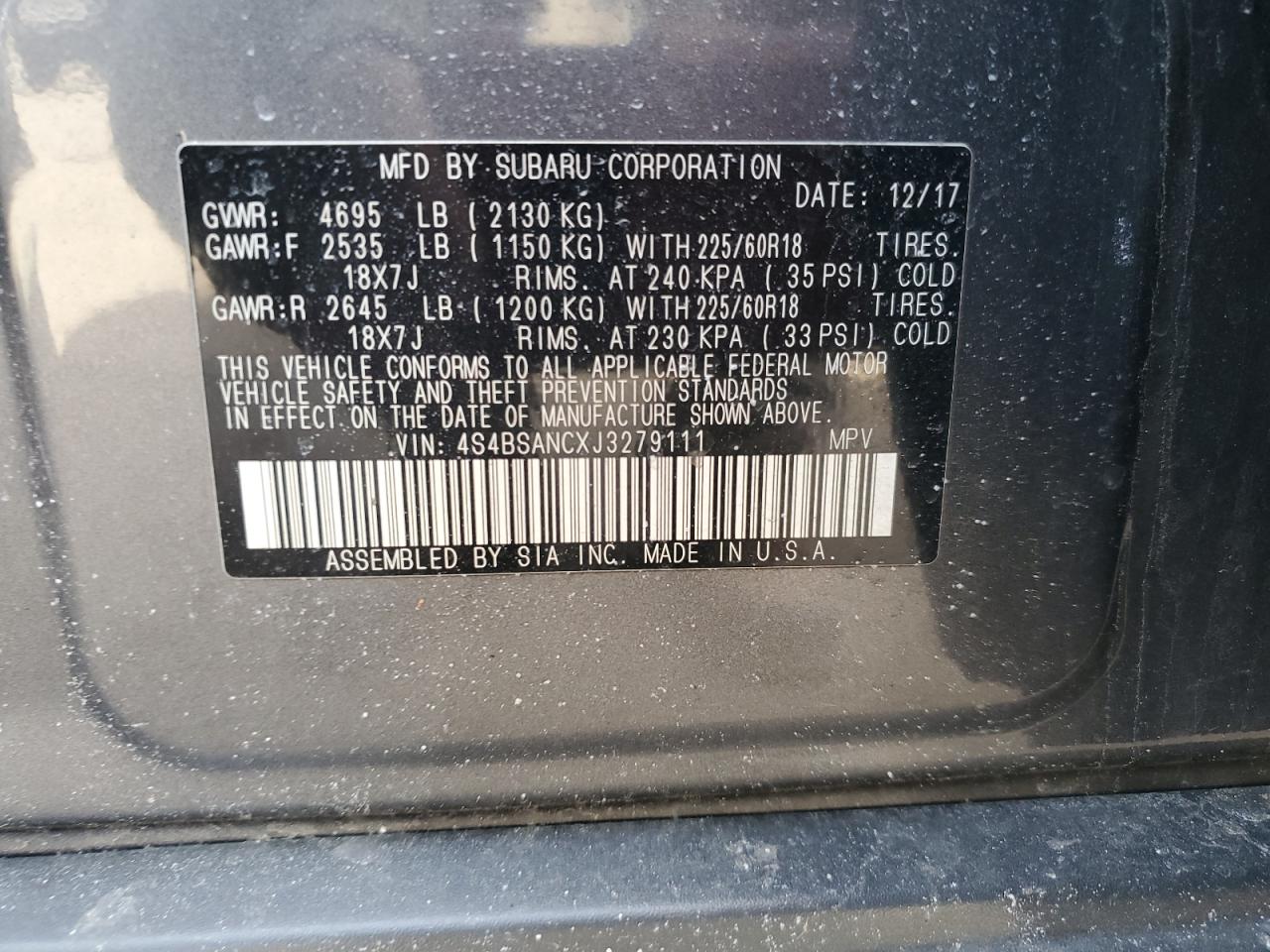 2018 Subaru Outback VIN 4S4BSANCXJ3279111 Copart auction photo, rear end / all over damage thumbnail 13