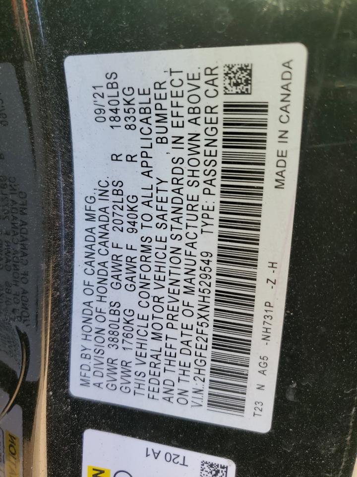 2022 Honda Civic VIN 2HGFE2F5XNH529549 Copart auction photo, front end / side damage thumbnail 14