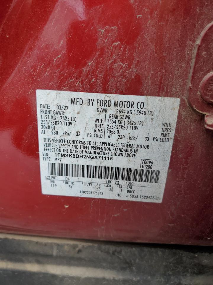2022 Ford Explorer VIN 1FMSK8DH2NGA71115 Copart auction photo, front end damage thumbnail 15