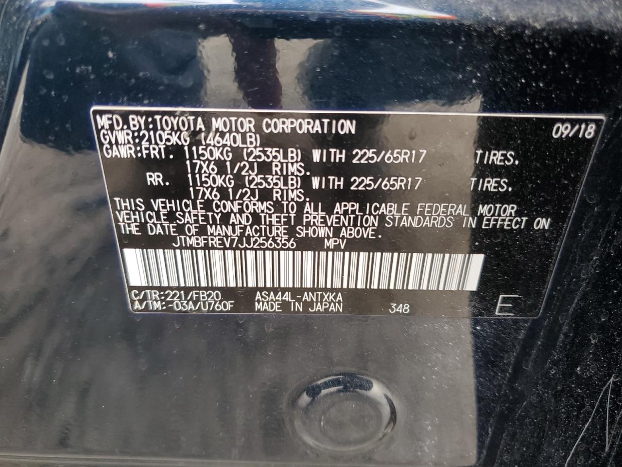 2018 Toyota RAV 4 VIN JTMBFREV7JJ256356 Copart auction photo, rear end / side damage thumbnail 12