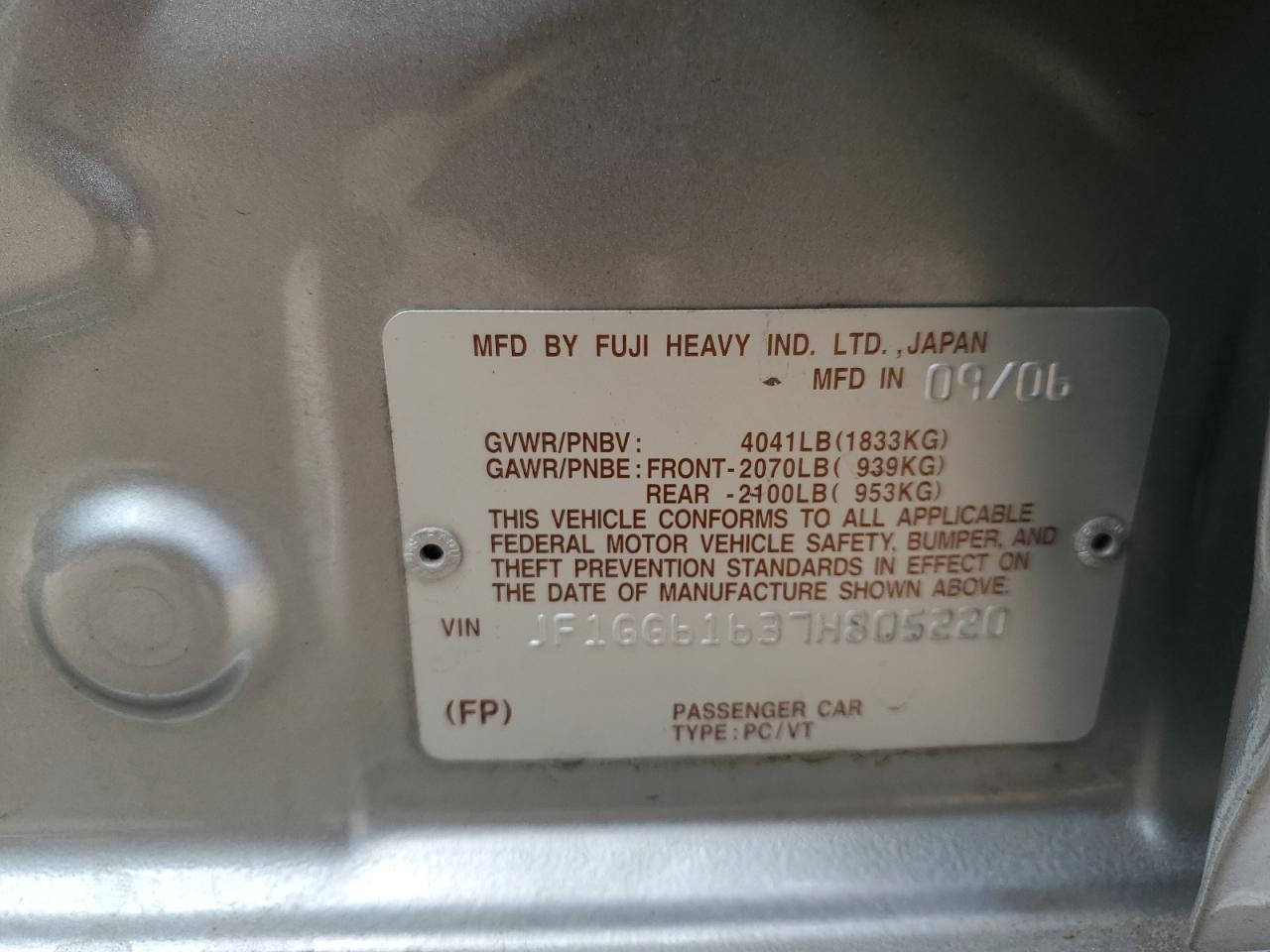 2007 Subaru Impreza VIN JF1GG61637H805220 Copart auction photo, front end damage thumbnail 12