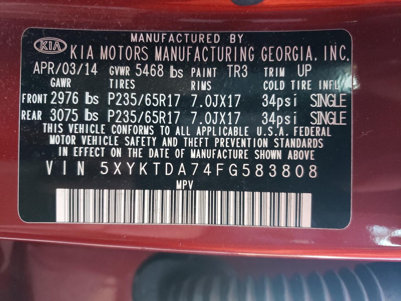 2015 KIA Sorento VIN 5XYKTDA74FG583808 Copart auction photo, minor dent/scratches damage thumbnail 13