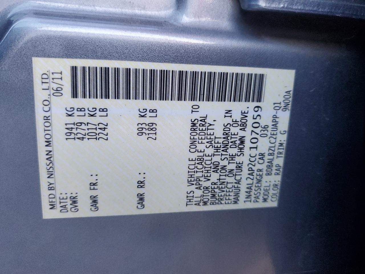 2012 Nissan Altima VIN 1N4AL2AP2CC107059 Copart auction photo, front end damage thumbnail 12