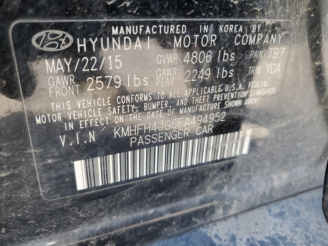 2015 Hyundai Azera VIN KMHFH4JG6FA494952 Copart auction photo, rear end / side damage thumbnail 14