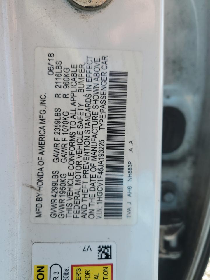 2018 Honda Accord VIN 1HGCV1F45JA193225 Copart auction photo, front end / rear end damage thumbnail 15