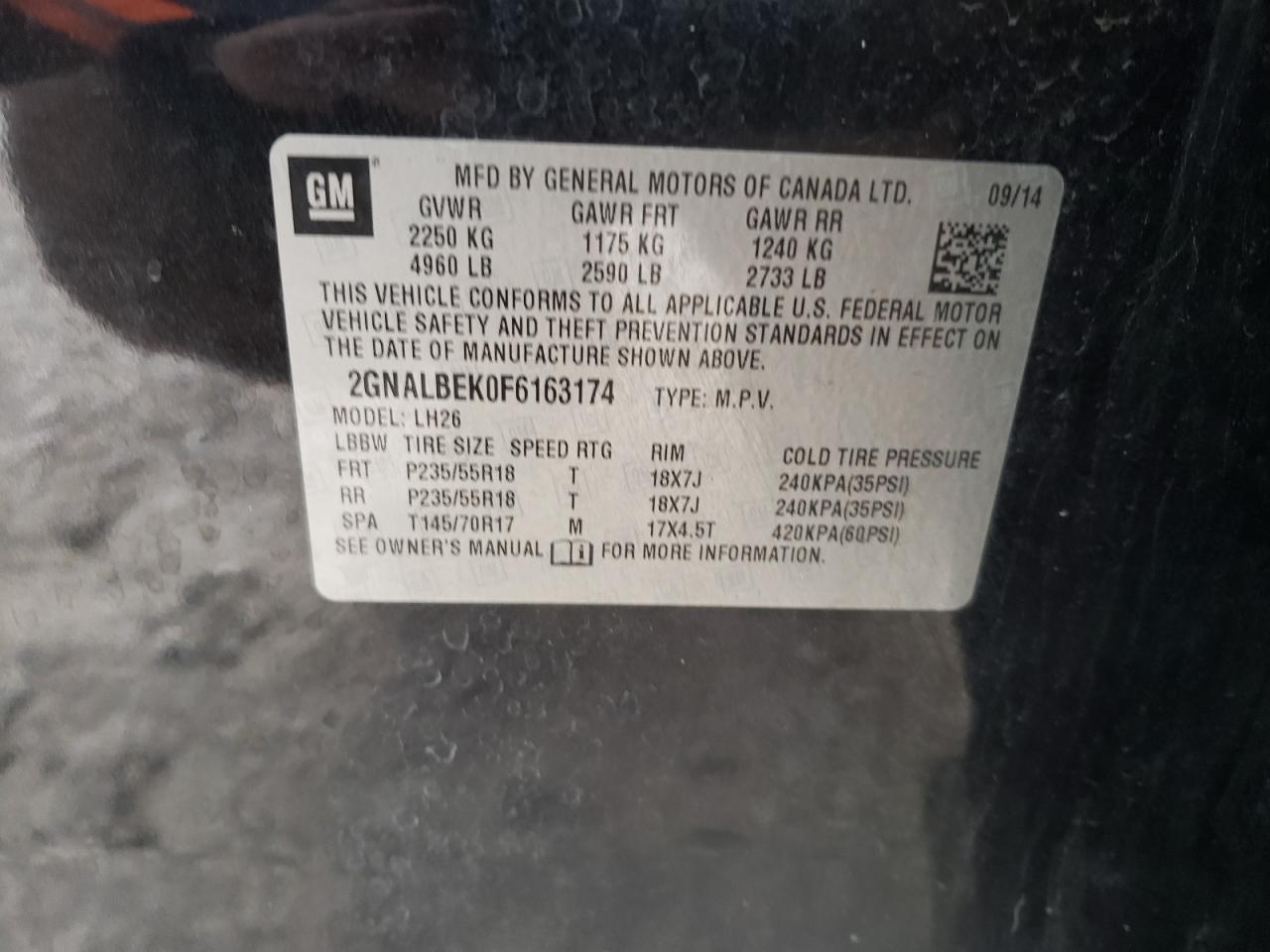 2015 Chevrolet Equinox VIN 2GNALBEK0F6163174 Copart auction photo, rear end / front end damage thumbnail 13