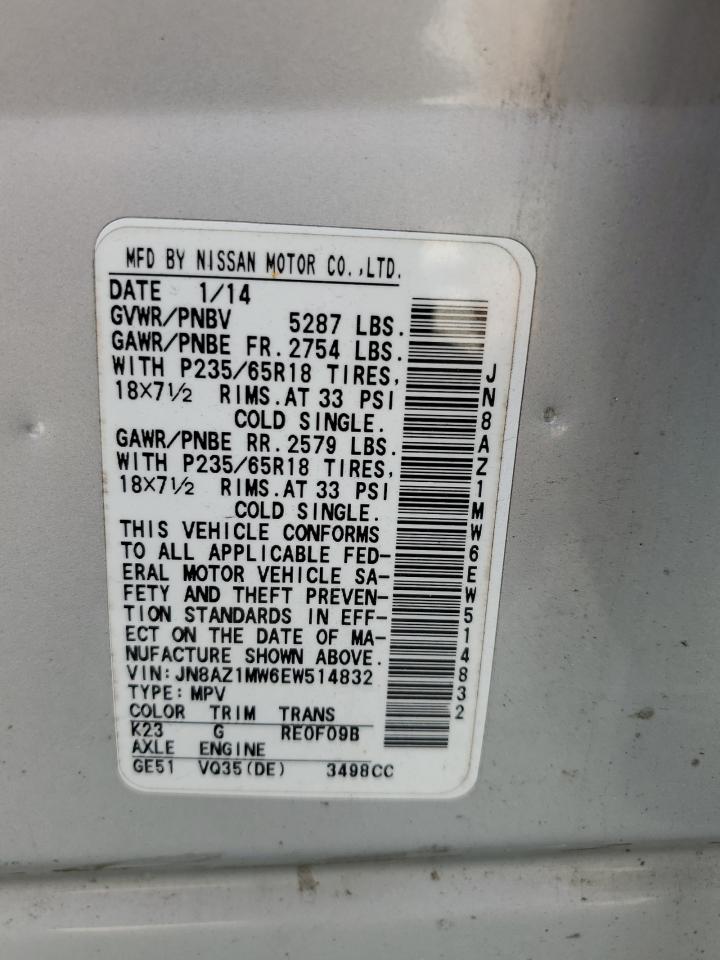 2014 Nissan Murano VIN JN8AZ1MW6EW514832 Copart auction photo, rear end damage thumbnail 15