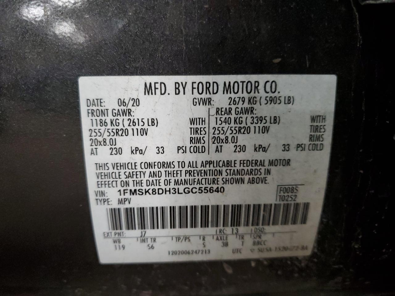 2020 Ford Explorer VIN 1FMSK8DH3LGC55640 Copart auction photo, rear end damage thumbnail 14