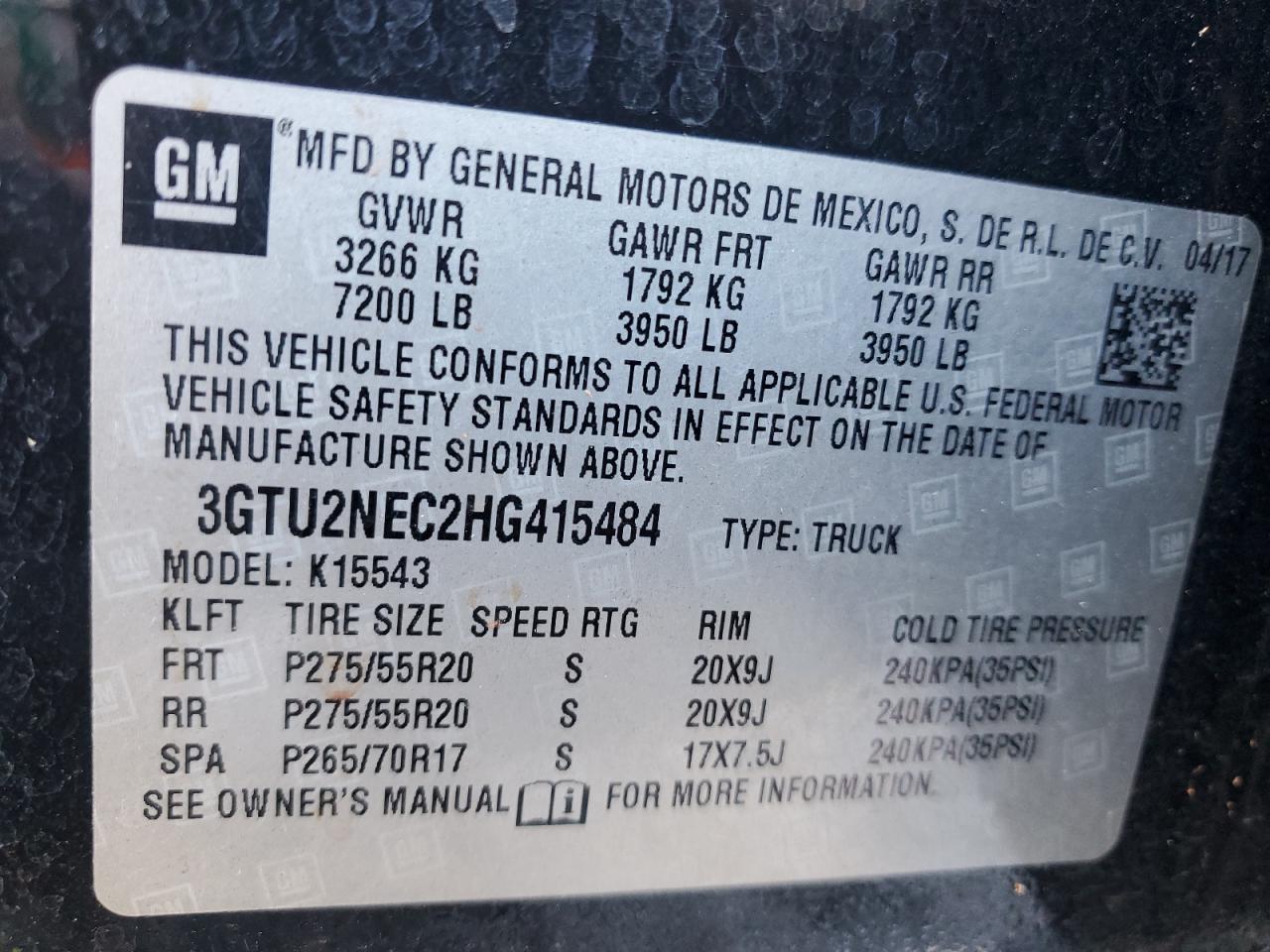 2017 GMC Sierra VIN 3GTU2NEC2HG415484 Copart auction photo, all over damage thumbnail 12