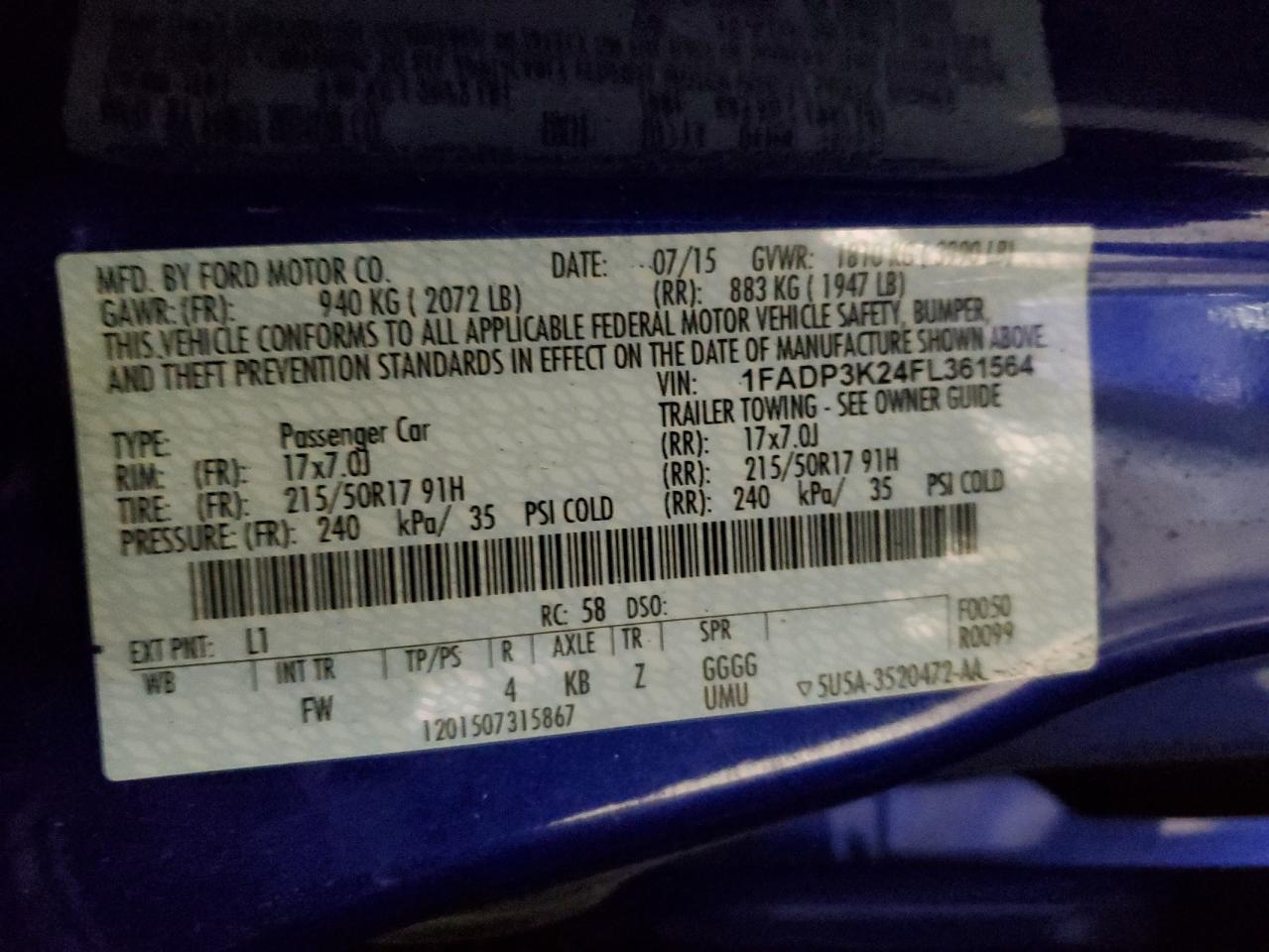 2015 Ford Focus VIN 1FADP3K24FL361564 Copart auction photo, rear end damage thumbnail 12