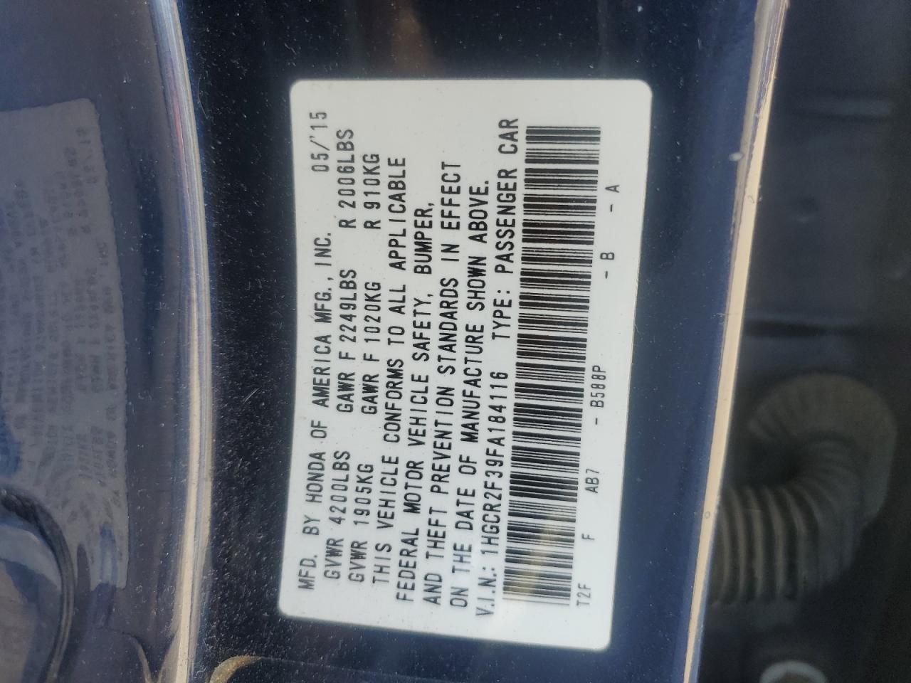 2015 Honda Accord VIN 1HGCR2F39FA184116 Copart auction photo, front end damage thumbnail 13