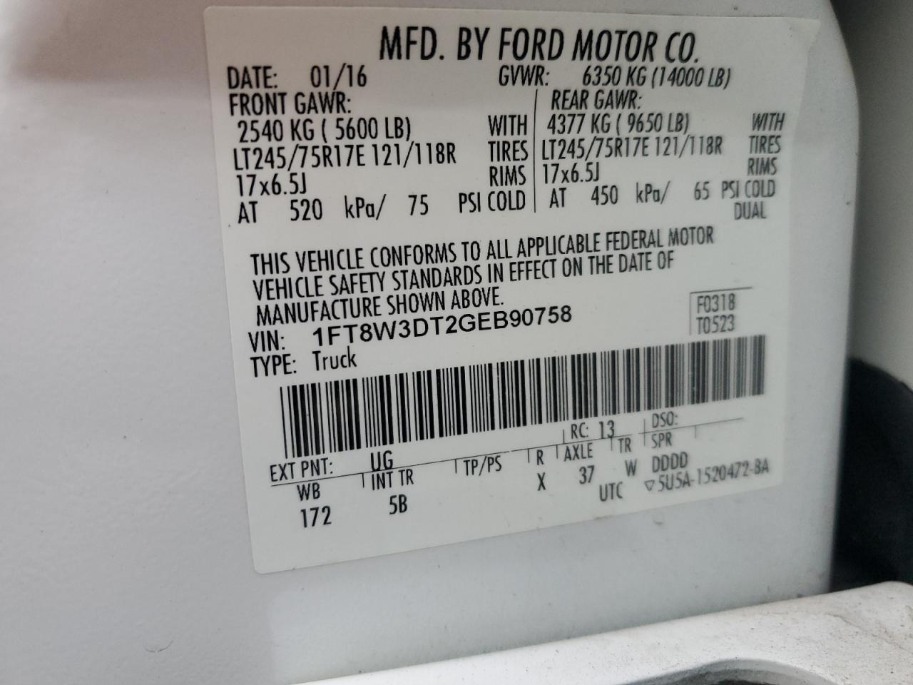 2016 Ford F350 VIN 1FT8W3DT2GEB90758 Copart auction photo, rear end / all over damage thumbnail 14