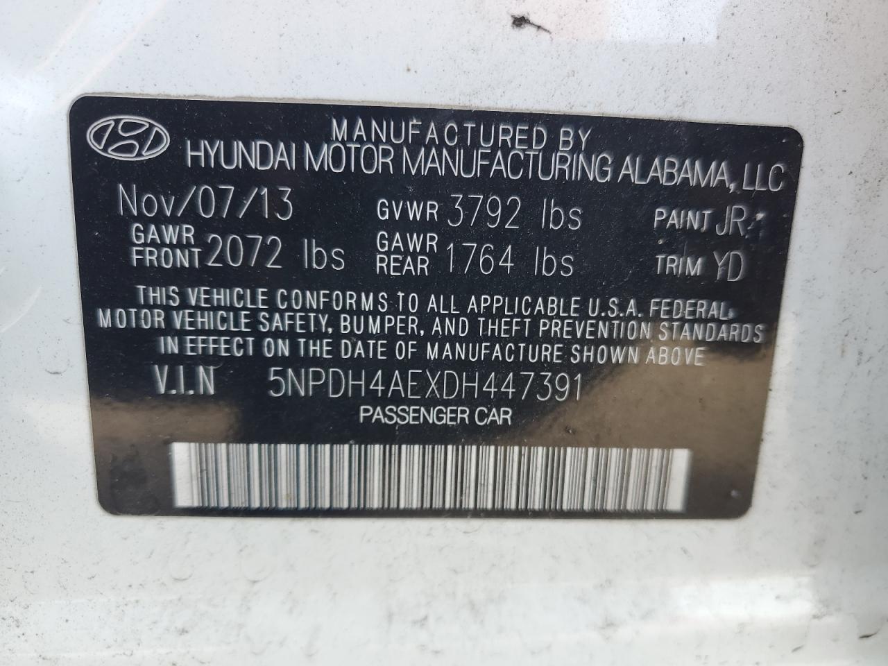 2013 Hyundai Elantra VIN 5NPDH4AEXDH447391 Copart auction photo, front end / side damage thumbnail 13