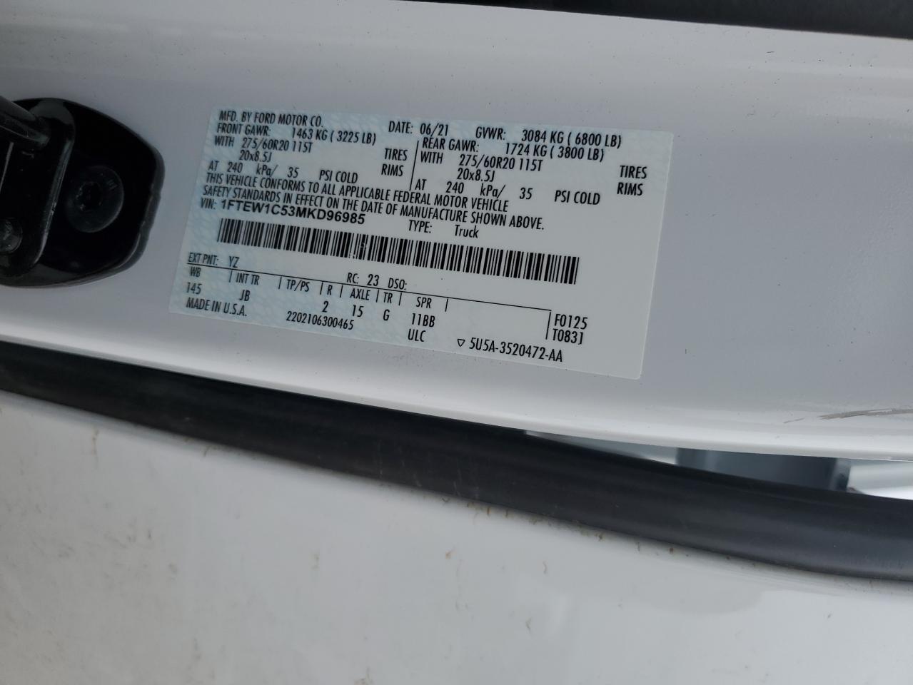 2021 Ford F-150 VIN 1FTEW1C53MKD96985 Copart auction photo, front end / hail damage thumbnail 13