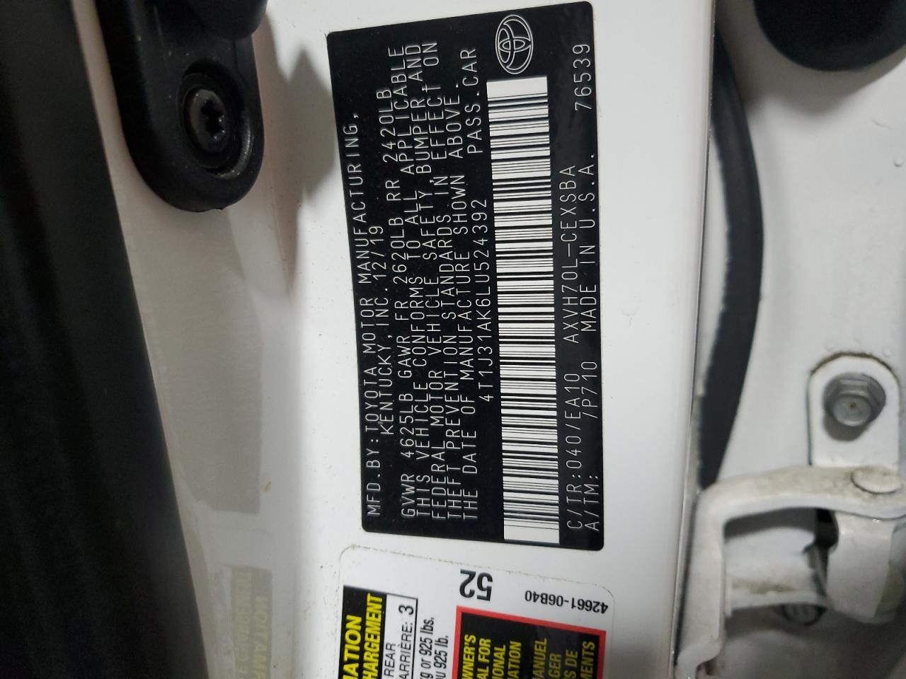 2020 Toyota Camry VIN 4T1J31AK6LU524392 Copart auction photo, rear end / side damage thumbnail 12