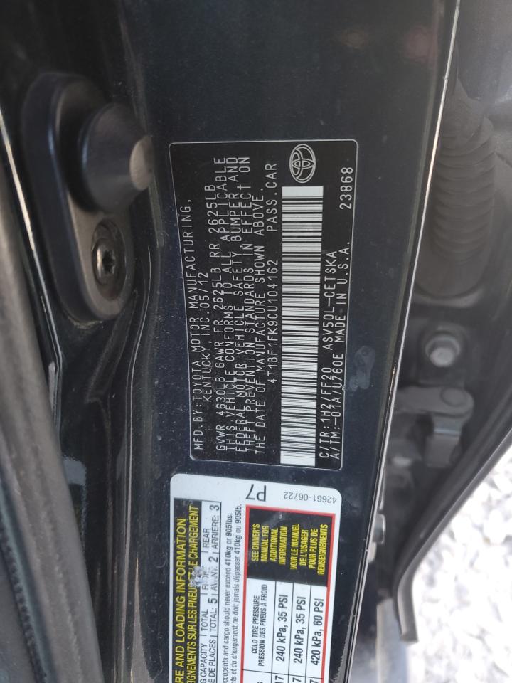 2012 Toyota Camry VIN 4T1BF1FK9CU104162 Copart auction photo, front end damage thumbnail 12