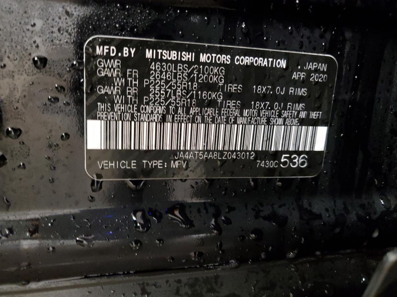 2020 Mitsubishi Eclipse VIN JA4AT5AA8LZ043012 Copart auction photo, front end / all over damage thumbnail 14