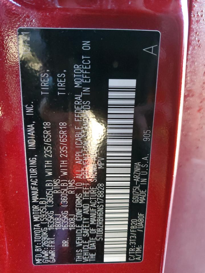 2022 Toyota Highlander VIN 5TDBZRBH6NS178828 Copart auction photo, front end / side damage thumbnail 15