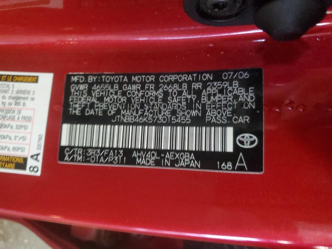 2007 Toyota Camry VIN JTNBB46K573015455 Copart auction photo, side / rear end damage thumbnail 14