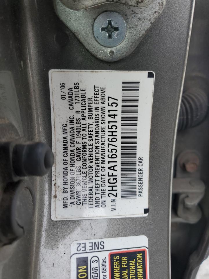 2006 Honda Civic VIN 2HGFA16576H514157 Copart auction photo, front end / side damage thumbnail 14