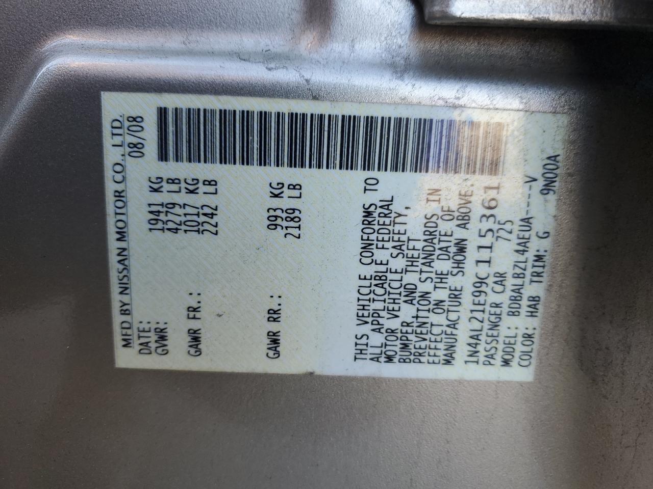 2009 Nissan Altima VIN 1N4AL21E99C115361 Copart auction photo, rear end damage thumbnail 12