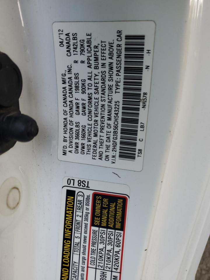 2012 Honda Civic VIN 2HGFG3B56CH543225 Copart auction photo, front end / side damage thumbnail 14
