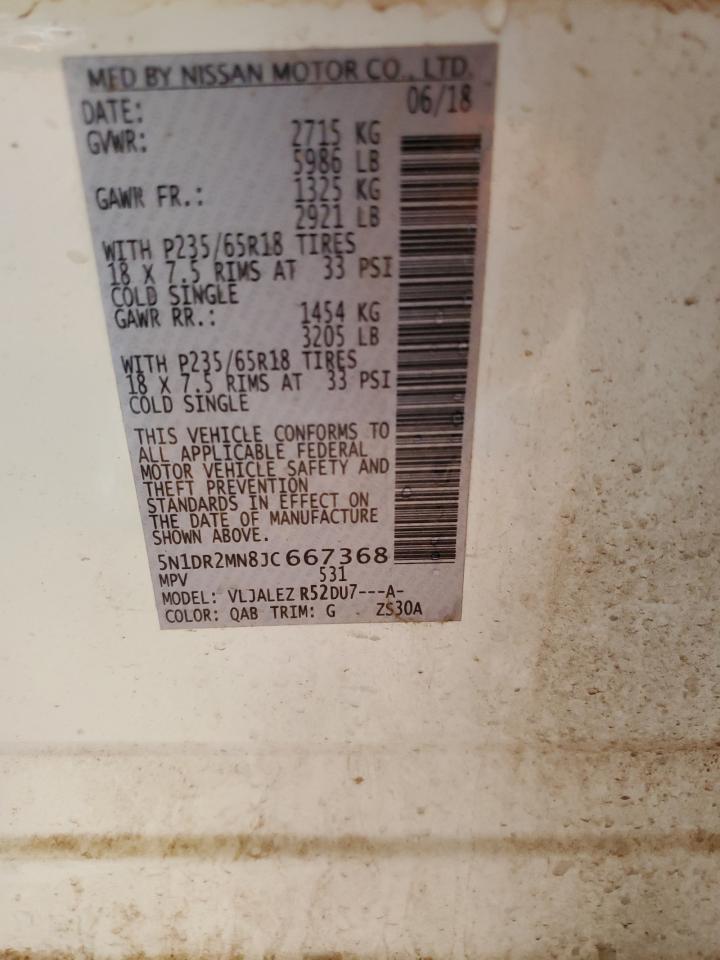 2018 Nissan Pathfinder VIN 5N1DR2MN8JC667368 Copart auction photo, front end / side damage thumbnail 15