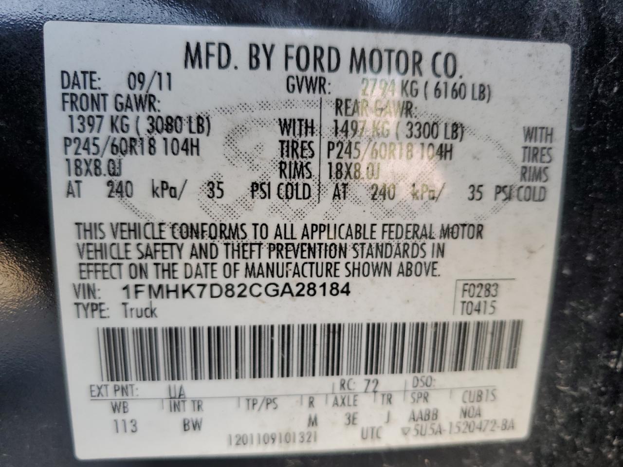 2012 Ford Explorer VIN 1FMHK7D82CGA28184 Copart auction photo, hail damage thumbnail 13