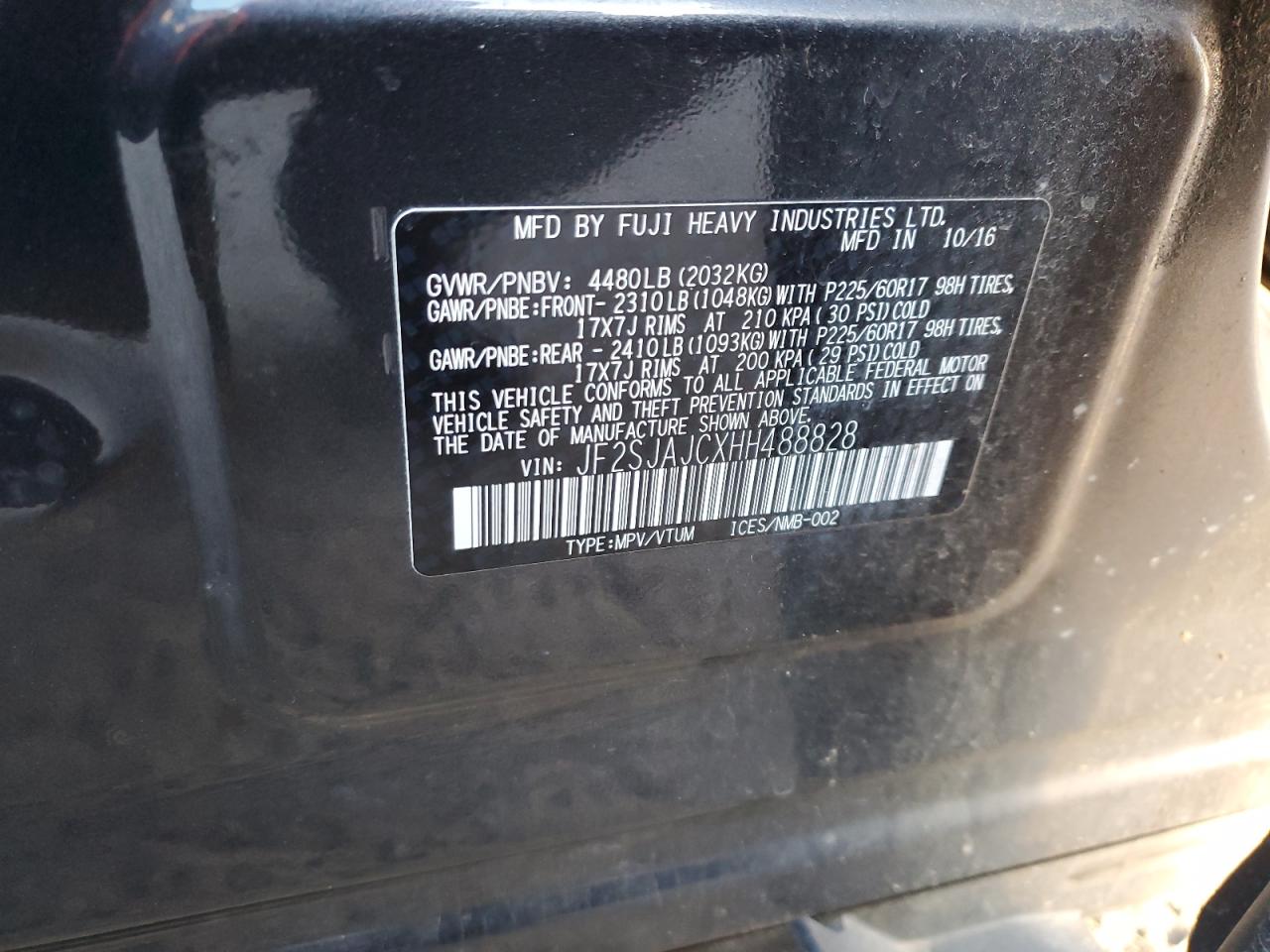 2017 Subaru Forester VIN JF2SJAJCXHH488828 Copart auction photo, front end / rear end damage thumbnail 13
