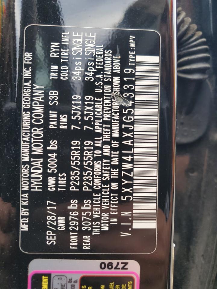 2018 Hyundai Santa Fe VIN 5XYZW4LAXJG543319 Copart auction photo, front end damage thumbnail 13