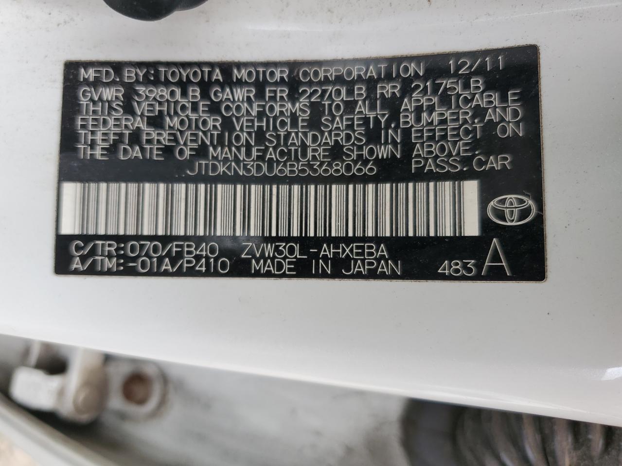 2011 Toyota Prius VIN JTDKN3DU6B5368066 Copart auction photo, front end / minor dent/scratches damage thumbnail 14
