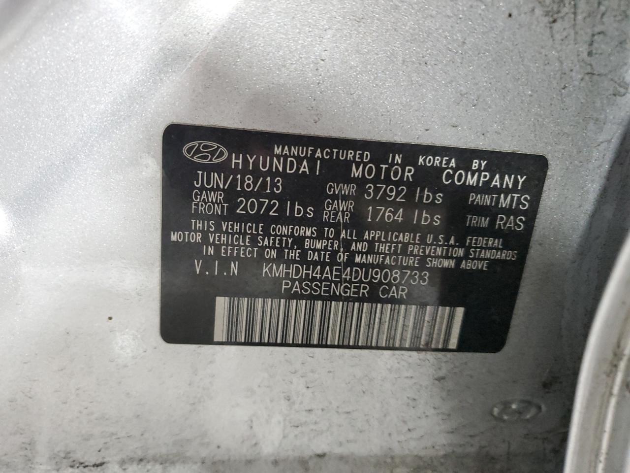 2013 Hyundai Elantra VIN KMHDH4AE4DU908733 Copart auction photo, front end / rear end damage thumbnail 14