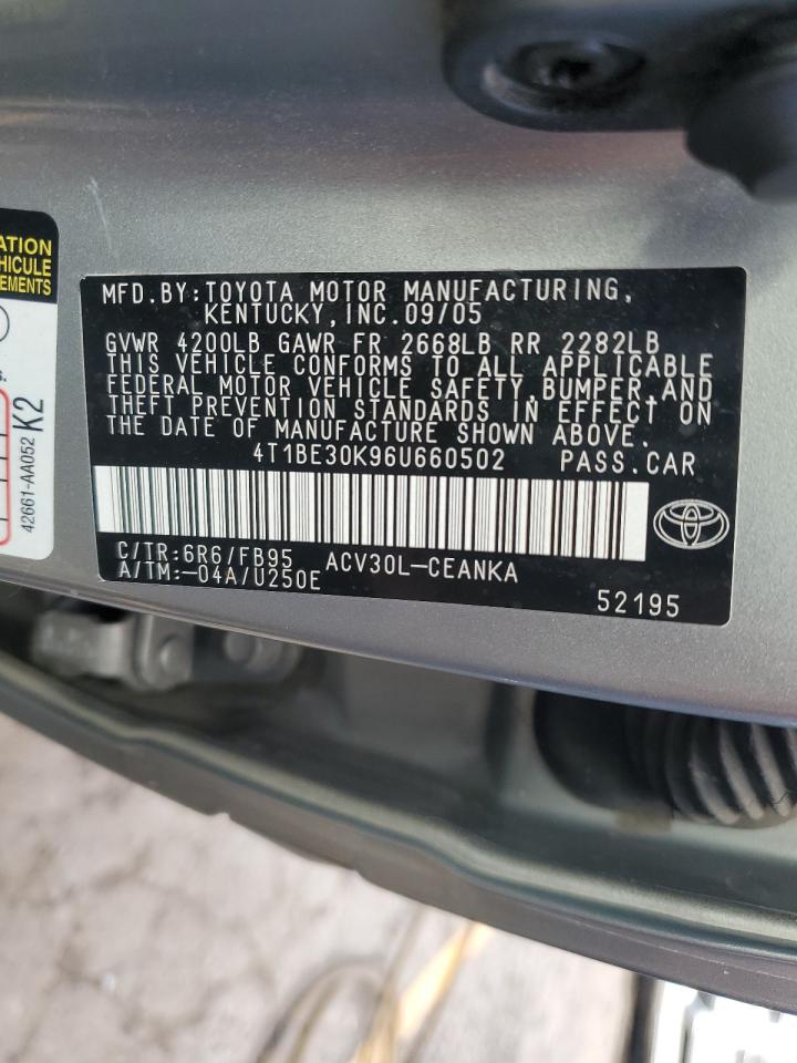 2006 Toyota Camry VIN 4T1BE30K96U660502 Copart auction photo, all over damage thumbnail 12