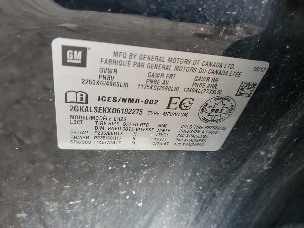 2013 GMC Terrain VIN 2GKALSEKXD6182275 Copart auction photo, front end damage thumbnail 15
