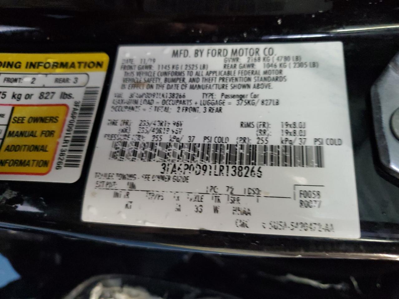 2020 Ford Fusion VIN 3FA6P0D91LR138266 Copart auction photo, all over damage thumbnail 12