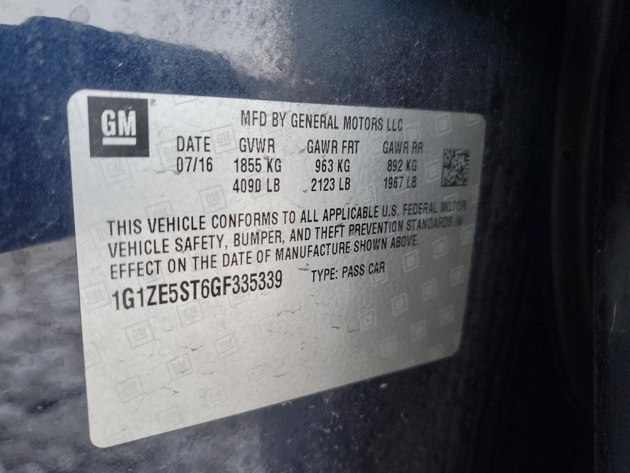 2016 Chevrolet Malibu VIN 1G1ZE5ST6GF335339 Copart auction photo, rear end damage thumbnail 12