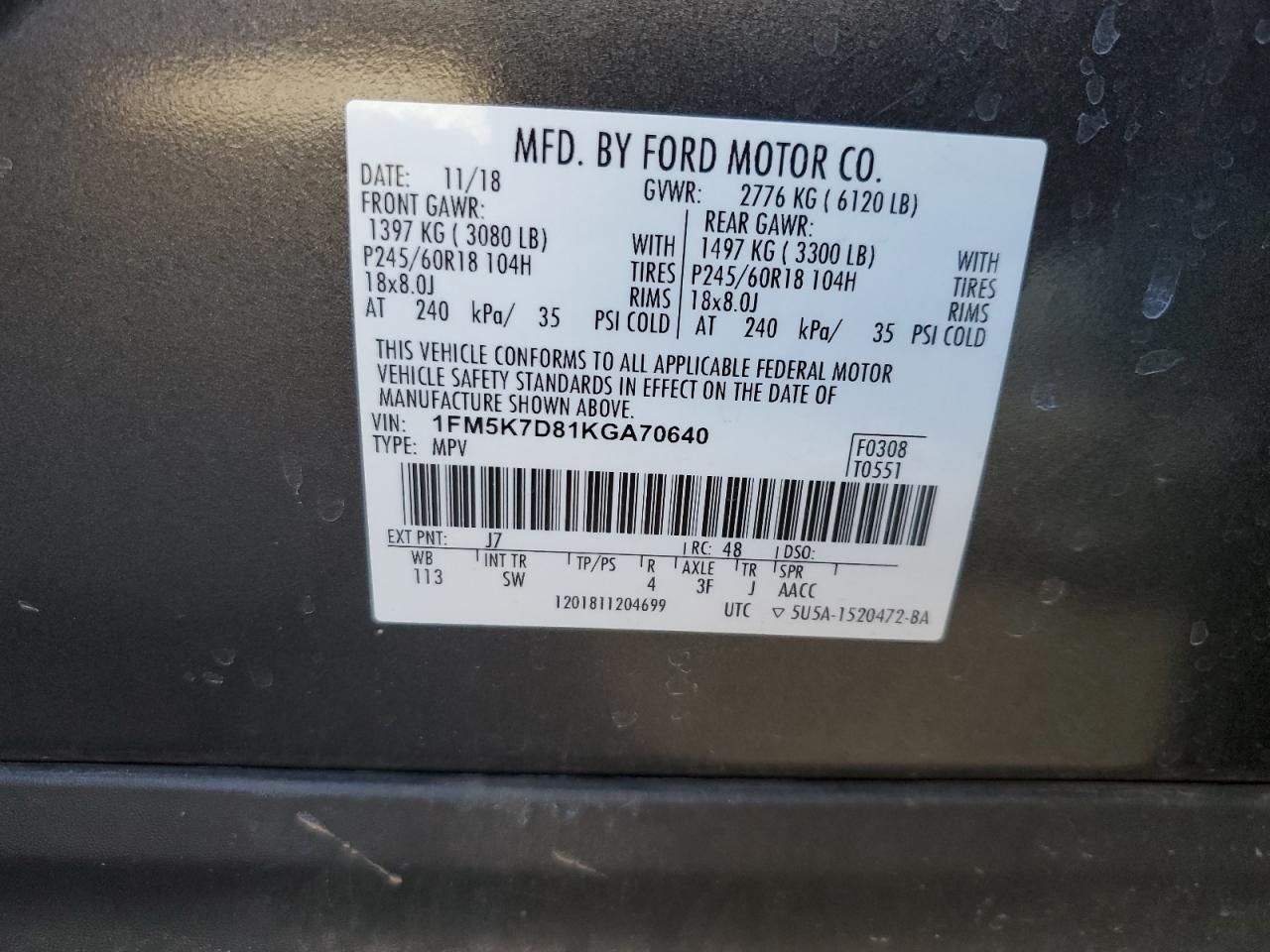 2019 Ford Explorer VIN 1FM5K7D81KGA70640 Copart auction photo, rear end damage thumbnail 15