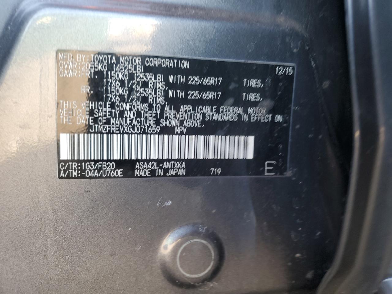 2016 Toyota RAV 4 VIN JTMZFREVXGJ071659 Copart auction photo, rear end / front end damage thumbnail 15