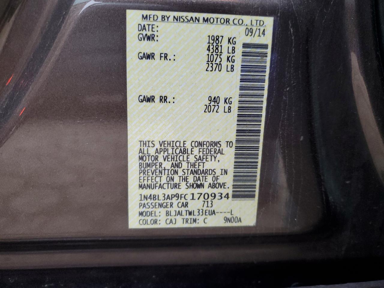 2015 Nissan Altima VIN 1N4BL3AP9FC170934 Copart auction photo, front end / side damage thumbnail 12