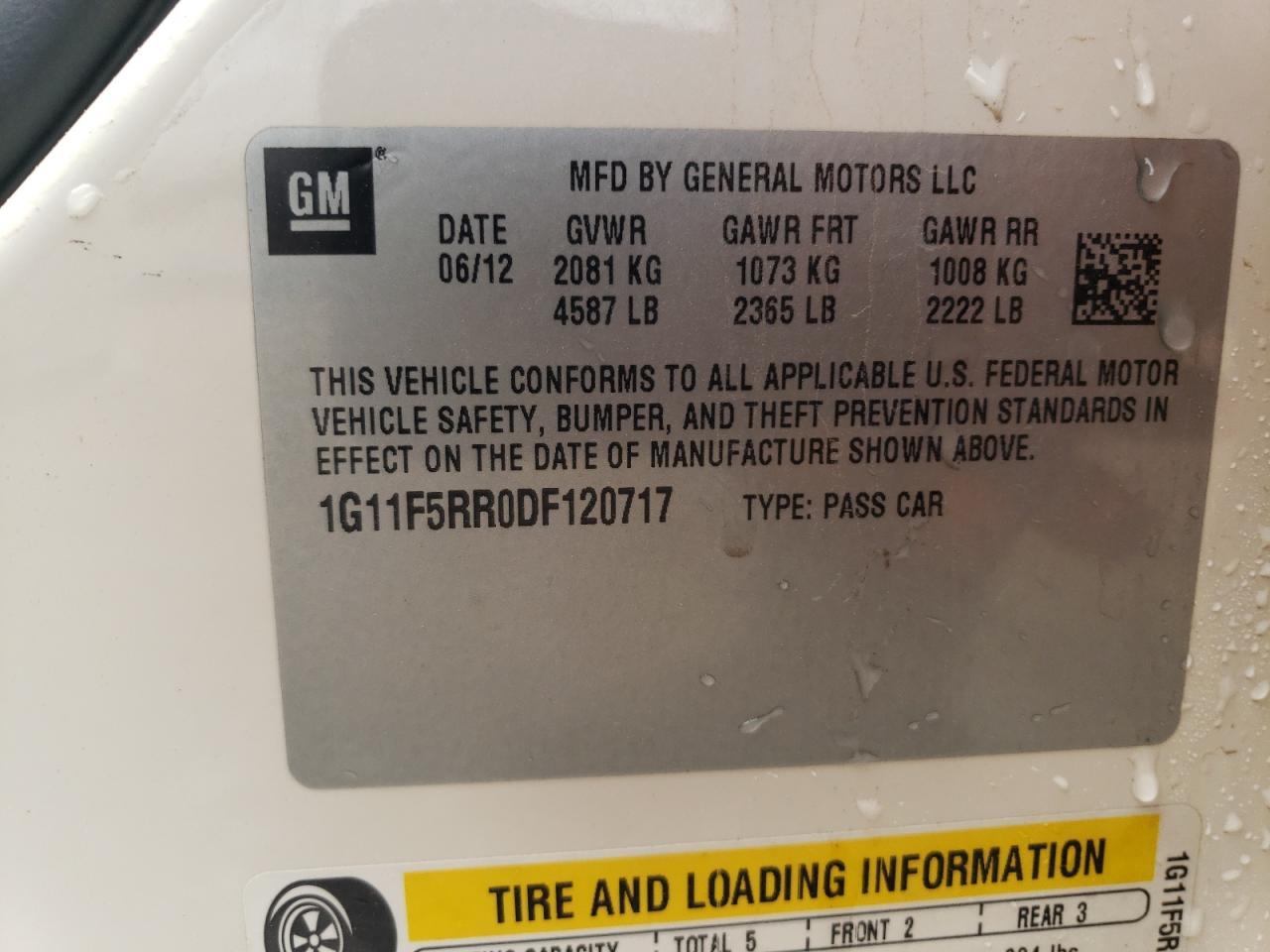 2013 Chevrolet Malibu VIN 1G11F5RR0DF120717 Copart auction photo, front end damage thumbnail 12