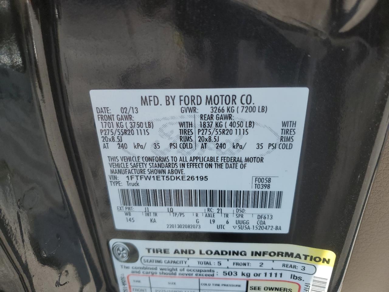 2013 Ford F-150 VIN 1FTFW1ET5DKE26195 Copart auction photo, rear end damage thumbnail 12