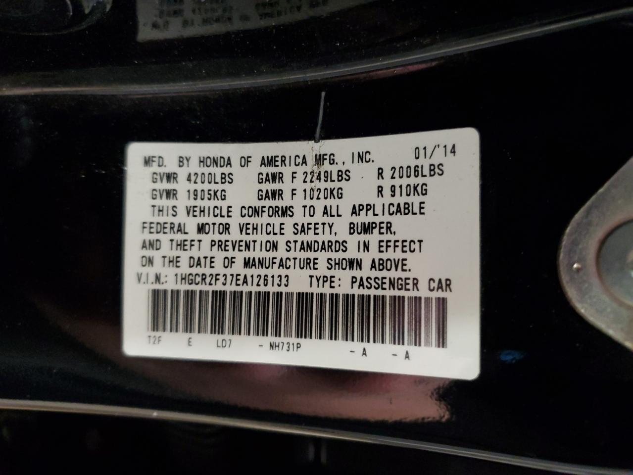2014 Honda Accord VIN 1HGCR2F37EA126133 Copart auction photo, rear end / front end damage thumbnail 12