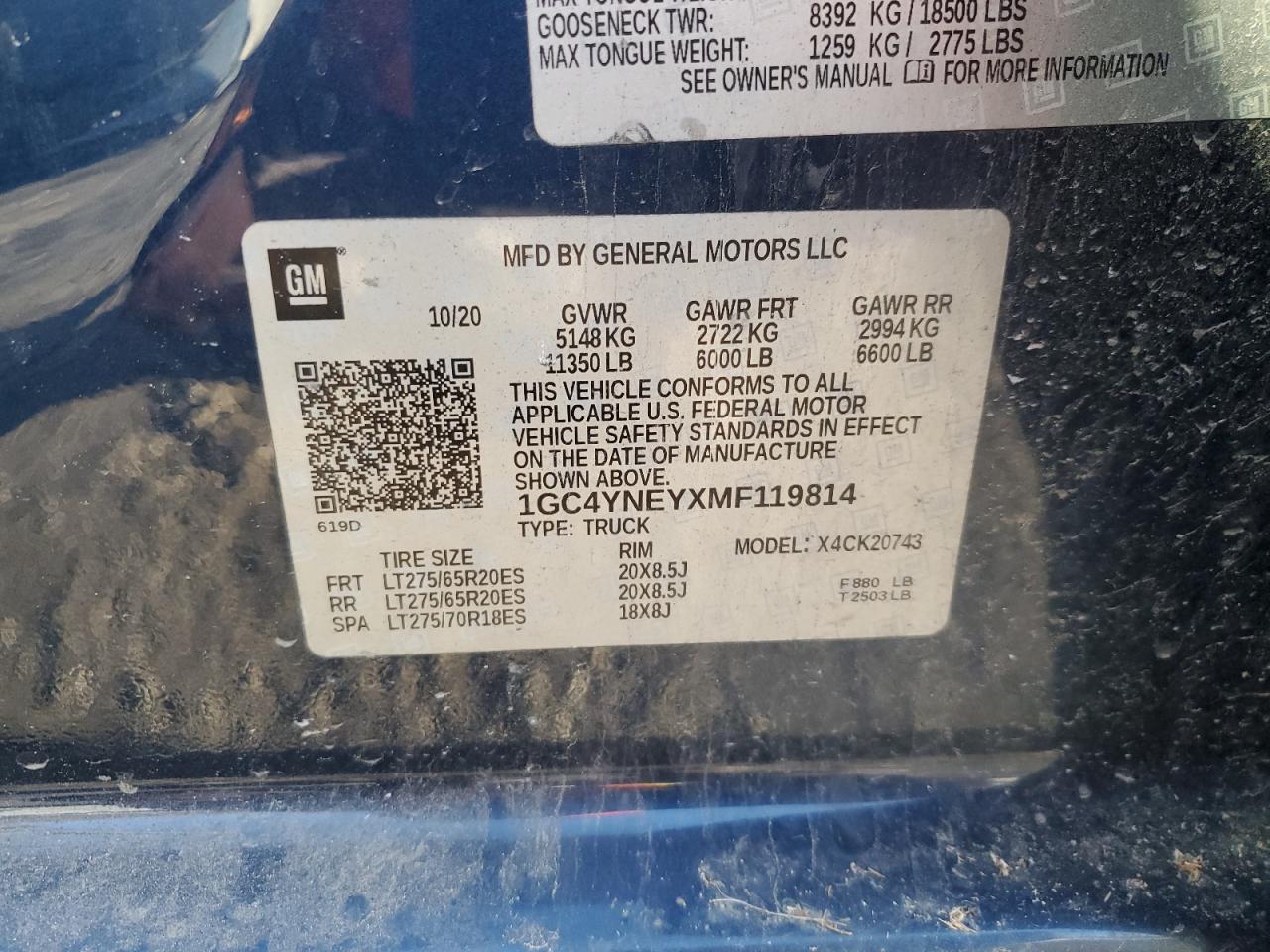 2021 Chevrolet Silverado VIN 1GC4YNEYXMF119814 Copart auction photo, front end / side damage thumbnail 12