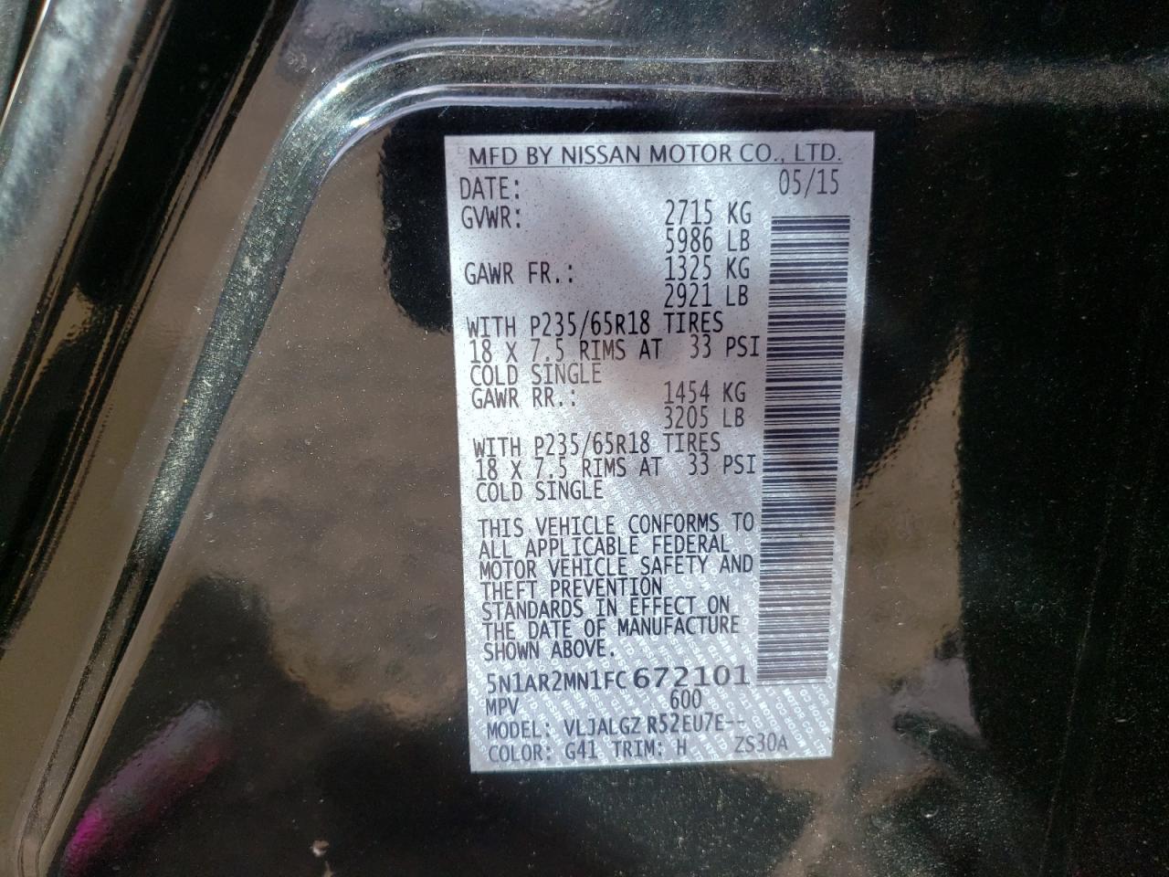 2015 Nissan Pathfinder VIN 5N1AR2MN1FC672101 Copart auction photo, mechanical / minor dent/scratches damage thumbnail 13